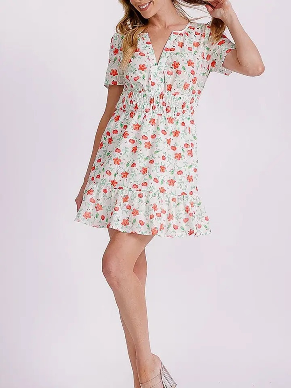 White Floral Eyelet Smocked Waist Mini Dress - Rubienn